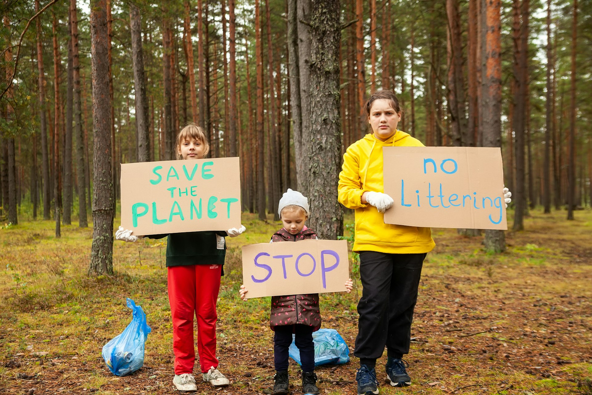 a group of people holding signs in the woods